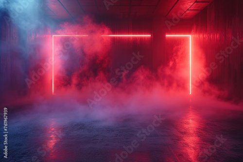 Empty scene background. Dark background of empty room  neon red light  concrete floor  smoke
