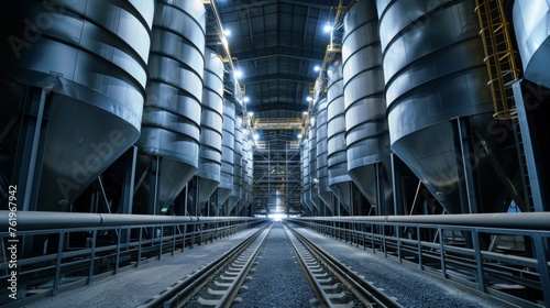 Huge silos filled with grey granular material stand in rows ready to feed the factorys production line.