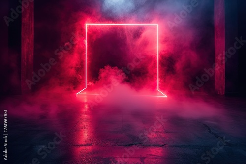 Empty scene background. Dark background of empty room, neon red light, concrete floor, smoke © abstract Art