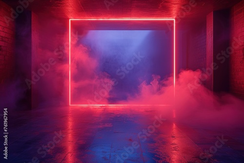 Empty scene background. Dark background of empty room  neon red light  concrete floor  smoke