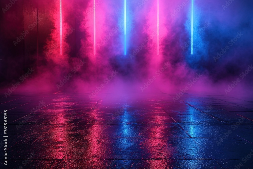 Empty show scene background. Reflection of a dark street on wet asphalt. Rays of red and blue neon light in the dark, neon shapes, smoke. Abstract dark background.