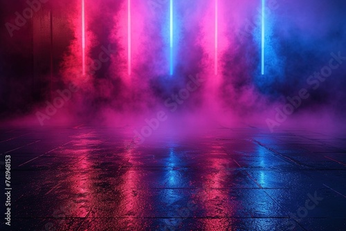 Empty show scene background. Reflection of a dark street on wet asphalt. Rays of red and blue neon light in the dark, neon shapes, smoke. Abstract dark background. © abstract Art