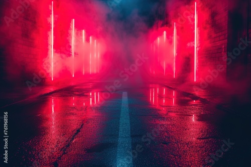 Empty show scene background. Reflection of a dark street on wet asphalt. Rays of red neon light in the dark  neon shapes  smoke. Abstract dark background.