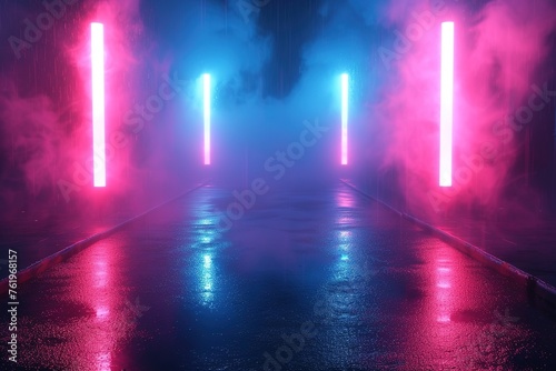 Empty show scene background. Reflection of a dark street on wet asphalt. Rays of red and blue neon light in the dark, neon shapes, smoke. Abstract dark background. © abstract Art