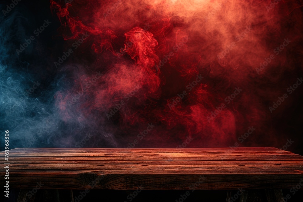 empty wooden table with red smoke float up on dark background