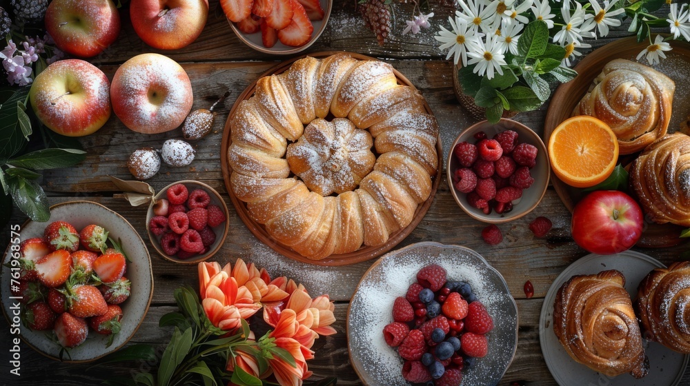 a vibrant and appetizing setup featuring various fruits and pastries arranged on a rustic wooden table under soft natural light a vibrant and appetizing setup featuring various fruits and pastries arranged on a rustic wooden table under soft natural light