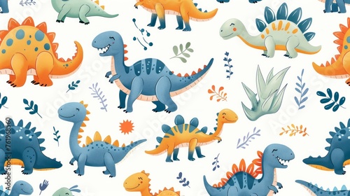 Adorable cartoon dinosaur doodles in a seamless pattern, creating a playful and cute background for kids' apparel, textiles, AI Generative