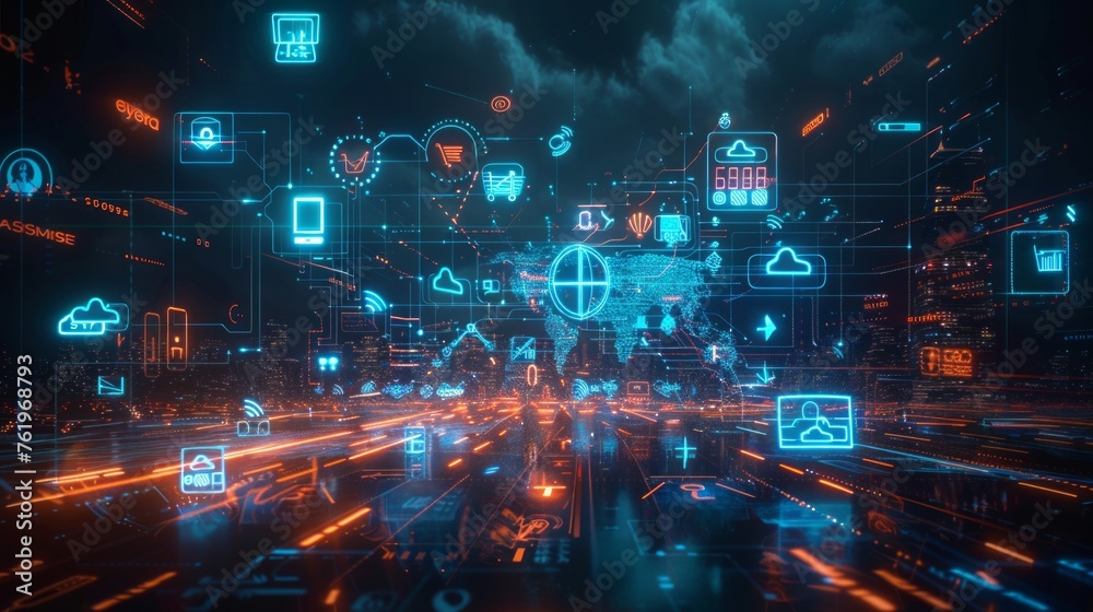 Obraz premium Digital marketing technology concept visualized, a vibrant network of icons and data streams representing SEO, SMM, AI Generative