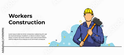 Vector illustration of a worker carrying a hammer. Modern flat in continuous line style.