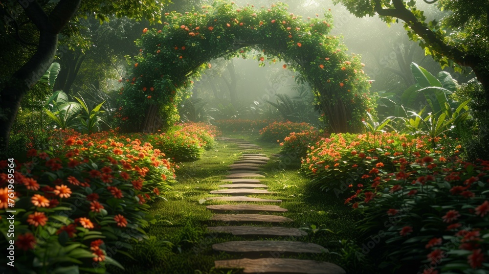 Secret garden fantasy, flower arches and lush greenery create a fairytale setting, a beautiful digital printing background, AI Generative