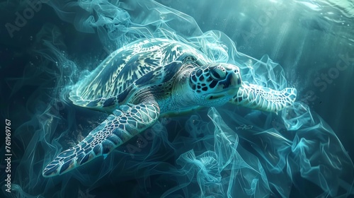 Plastic pollution crisis in the ocean depicted through the peril of turtles amidst floating plastic bags, AI Generative