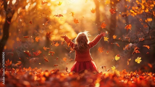 Happy little girl playing with fallen leaves in autumn park at sunset light.