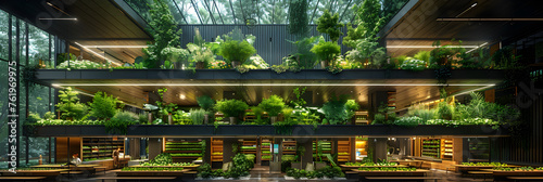 An Indoor Vertical Farm Featuring Multiple Layers,
Vertical farm with ornamental plants growing on multiple shelves 