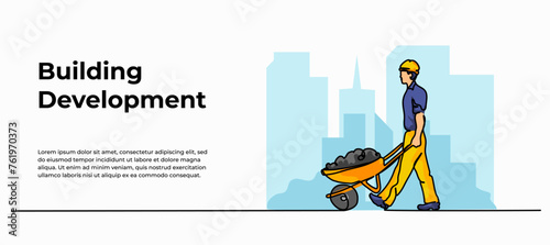 Vector illustration of a young man carrying materials. Modern flat in continuous line style.