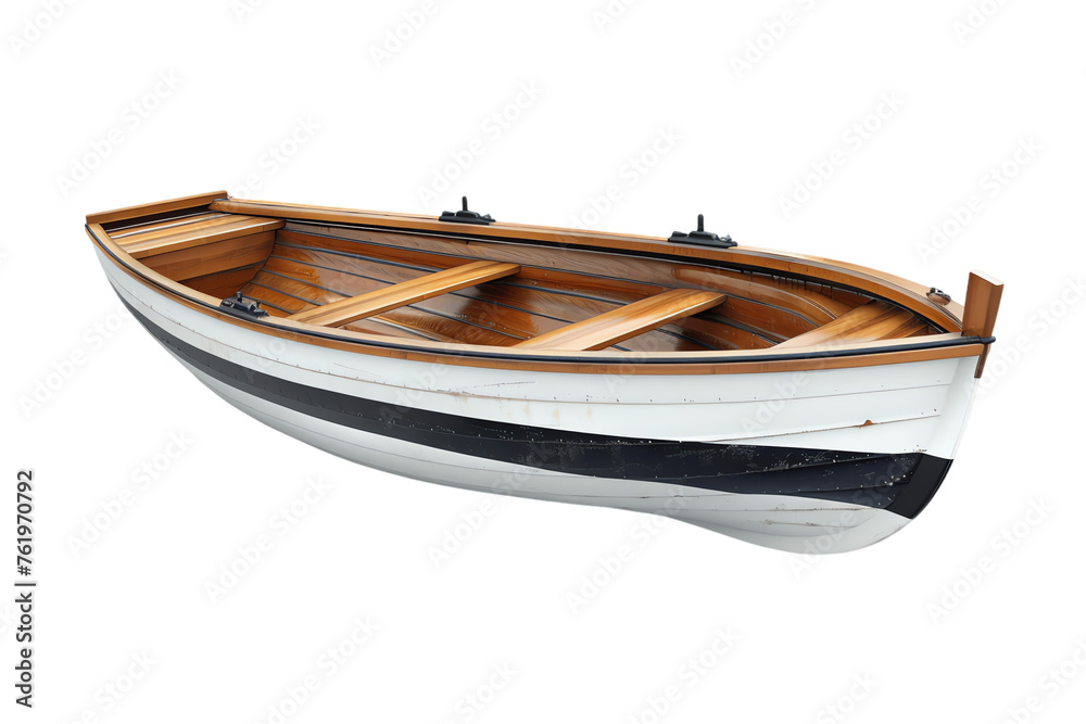 An aged wooden rowboat bobs gently on a calm lake, its reflection shimmering in the summer sun An aged wooden rowboat bobs gently on a calm lake, its reflection shimmering in the summer sun