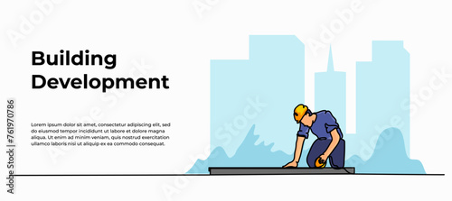 Vector illustration of a young man cuts iron. Modern flat in continuous line style.