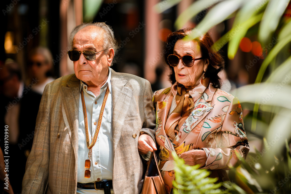 A stylish elderly couple walking together on a sunny day, exuding confidence and elegance in their city life.