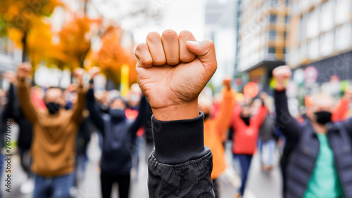 Raised fist in protest among a crowd of demonstrators in an urban setting, symbolizing unity and strength.