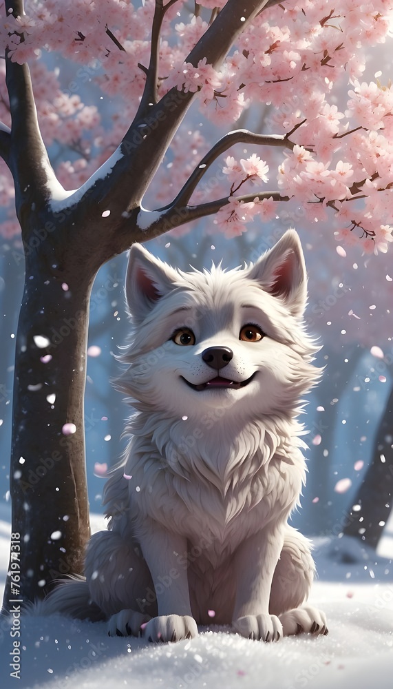  AI generates a realistic illustration of a 3d Wolf In Cherry Blossom and Fine Snow Style Artwork Wallpaper