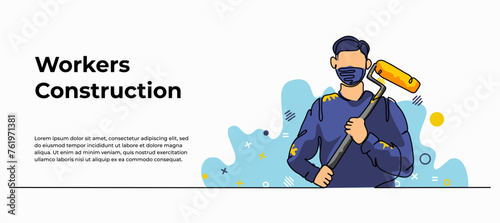 Vector illustration of a worker holding a roller. Modern flat in continuous line style.