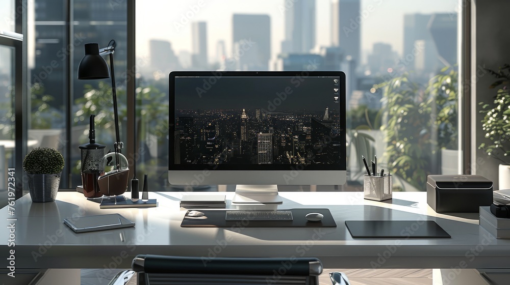 A modern office setting with sleek gadgets and technology equipment scattered on a clean desk, illuminated by natural light filtering through a large window. A modern office setting with sleek gadgets and technology equipment scattered on a clean desk, illuminated by natural light filtering through a large window.