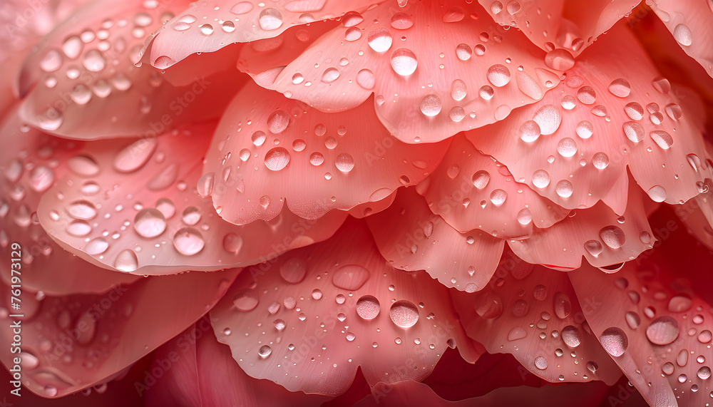 Close-up of smooth coral red peony flowers with water drops on textured backdrop. Close-up of smooth coral red peony flowers with water drops on textured backdrop.