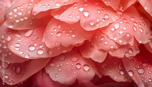 Close-up of smooth coral red peony flowers with water drops on textured backdrop.