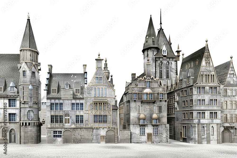 3D Render of historical cityscape with cobblestone streets and ornate architecture, on isolated white background, Generative AI