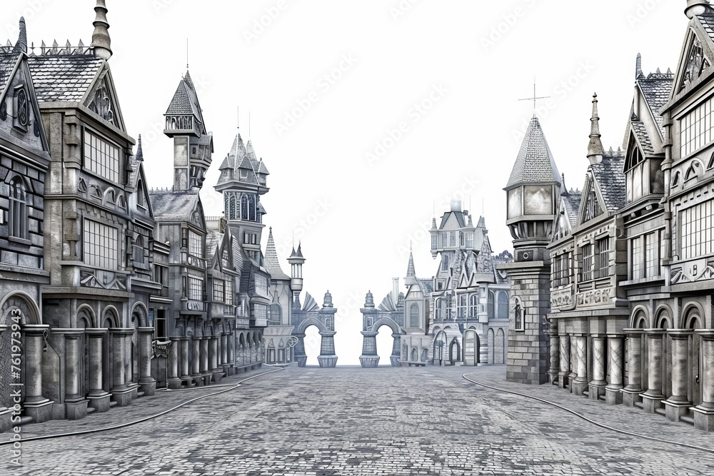 Fototapeta premium 3D Render of historical cityscape with cobblestone streets and ornate architecture, on isolated white background, Generative AI