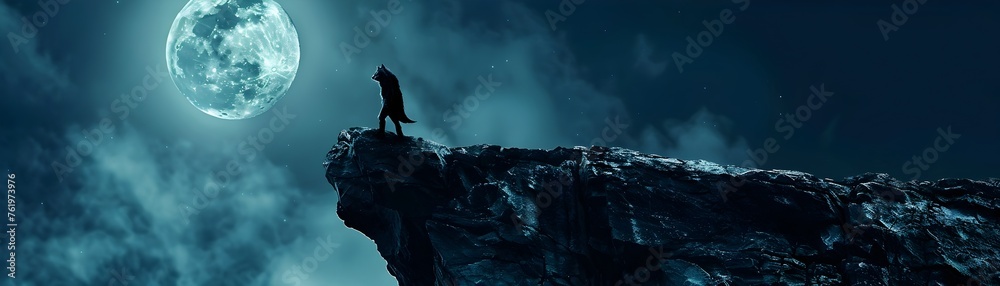 Lone Wolf Howling at the Ethereal Moonlit Cliff overlooking the Wilderness Landscape - obrazy, fototapety, plakaty 
