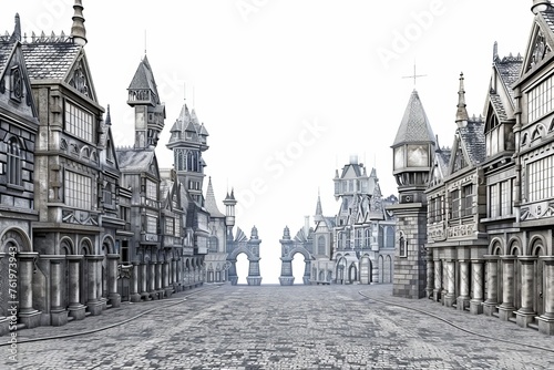 3D Render of historical cityscape with cobblestone streets and ornate architecture, on isolated white background, Generative AI