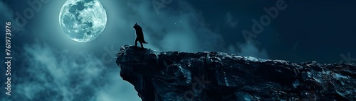 Lone Wolf Howling at the Ethereal Moonlit Cliff overlooking the Wilderness Landscape
