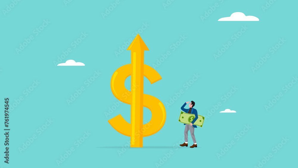 increased business income or investment dividends with businessman looking at high rising up graph arrow while carrying banknotes increased business income or investment dividends with businessman looking at high rising up graph arrow while carrying banknotes