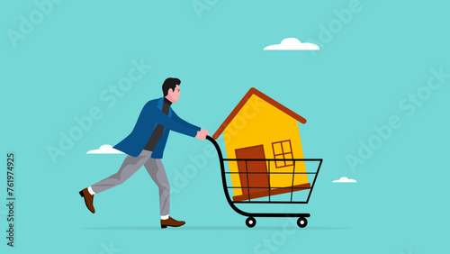 buy a house concept with businessman pushing shopping cart containing house, real estate concept vector illustration