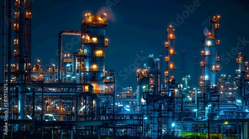 Illuminated Oil Refinery Industrial Plant Under the Starry Night Sky photo