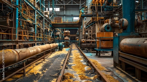 Industrial Steel Factory Interior with Yellow Sand and Train Tracks Amidst Corn Fields