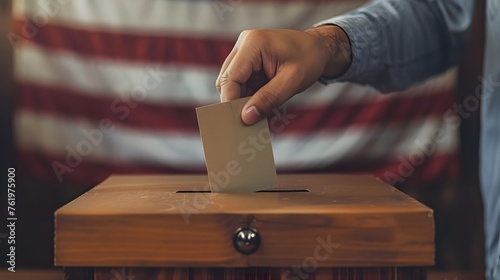 Male Voter Casting Ballot into Flag-Background Box during Presidential Election, USA © kiatipol