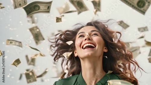 Brown-haired girl throws banknotes Demonstrates luxury and extravagance