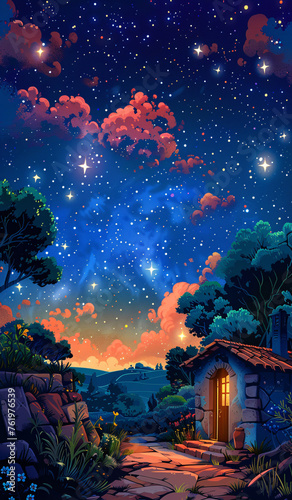 Illustration of a quiet night in the summer countryside, illustration of the Beginning of Summer solar term scene © lin