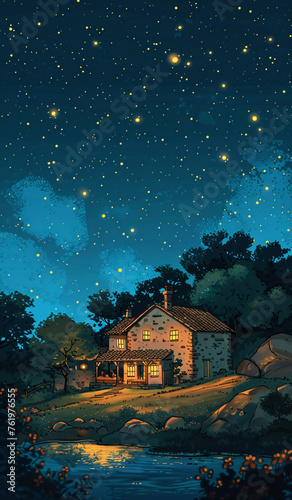 Illustration of a quiet night in the summer countryside, illustration of the Beginning of Summer solar term scene