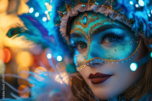 People wearing lively carnival masks Combining the essence of beauty, art and fashion, it stands up wonderfully in a Venetian masquerade. Her makeup and costumes combine imagination with tradition. Hi © VRAYVENUS