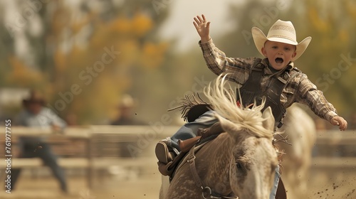 Happy smiling young cowboy riding horse at rodeo event, wearing cowboy hat, posing with hand raised. Funny creative kids in uniform concept Halloween festive season greeting card commercial background photo