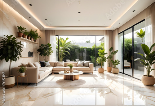 A large modern living room with lots of plants and a sofa and lots of sunlight. beige marble floor © anmitsu