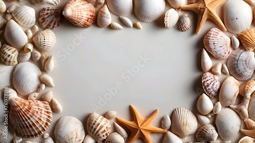 Frame with Sea shells on white background. Nature copy space area background.
