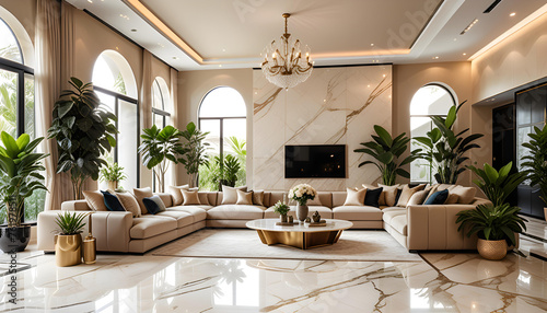 A large modern living room with lots of plants and a sofa and lots of sunlight. beige marble floor