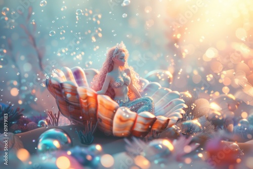A 3D-rendered fantasy scene with a mermaid sitting on a clamshell among underwater flora. photo