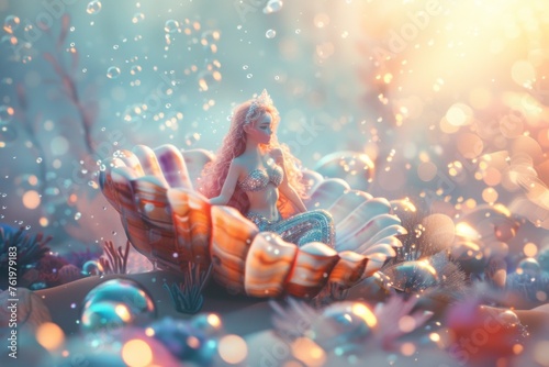 A 3D-rendered fantasy scene with a mermaid sitting on a clamshell among underwater flora.