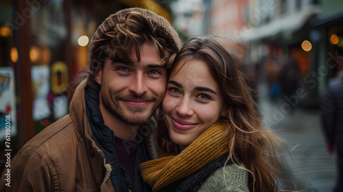 Portrait of happy European couple in the city, embracing each other and smiling at the camera.