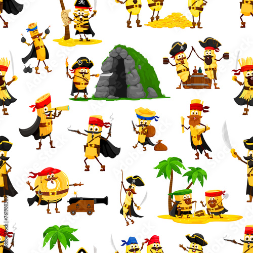 Cartoon Italian pasta as pirate corsair characters in seamless pattern, vector background. Funny penne in Caribbean pirate captain hat, spaghetti corsair and tagliatelle filibuster with gun and sword