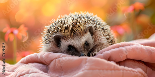 Tiny hedgehog in a medical dressing gown as if ready to receive first aid in a forest hospital,